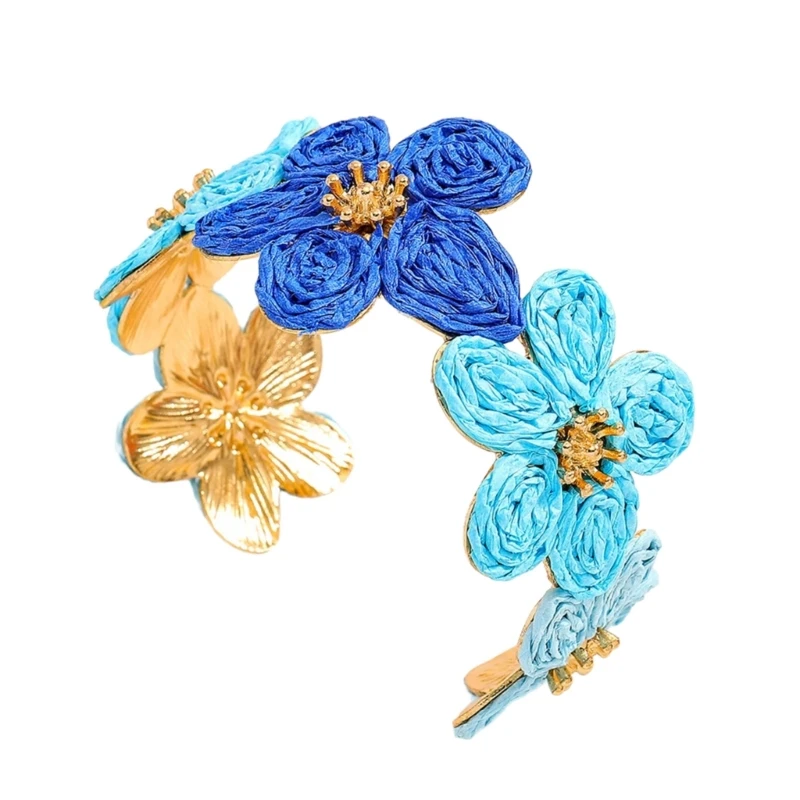 E0BF Handmade Raffia Flower Alloy Bracelet Bohemian Adjustable Wrist Jewelry