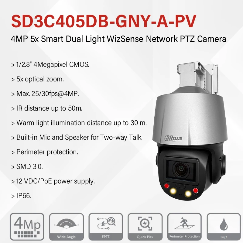 Dahua 4MP PTZ Camera 5x Optical Zoom Full Color Security Camera IR 50m Two-way Talk  Perimeter Protection PoE SD3C405DB-GNY-A-PV