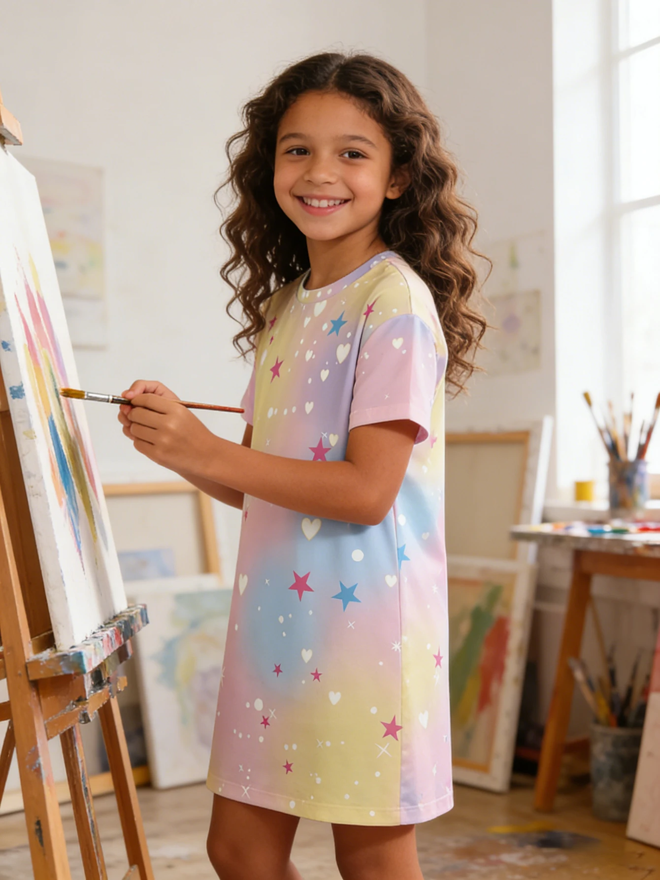 2026 girls pink purple yellow gradual change tie-dye star love print short-sleeved dress
