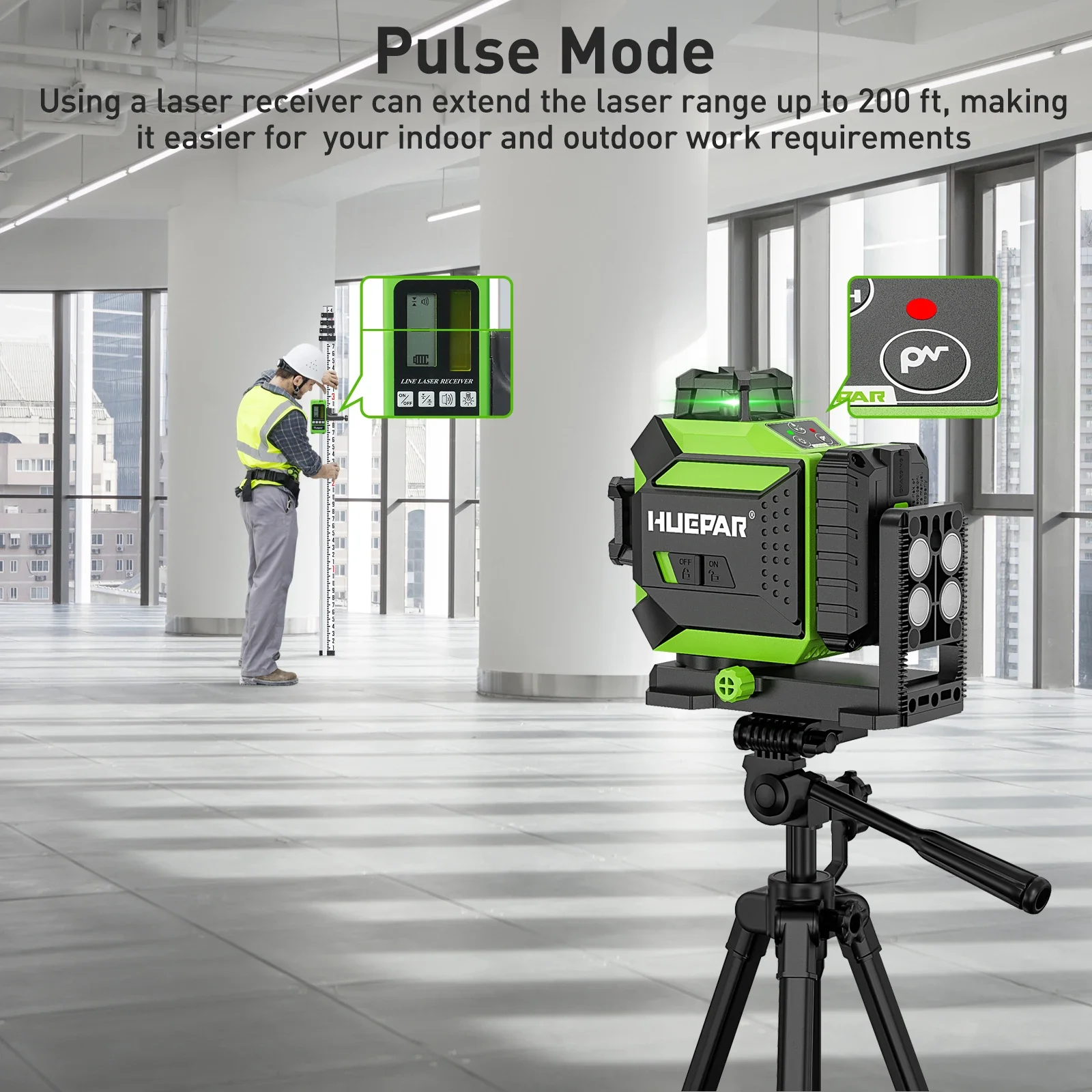 Huepar 703CG Green 12 Lines 3D Laser Level Self-Leveling Cross Line Adjust Bright Alignment Laser Tool with Li-ion Battery