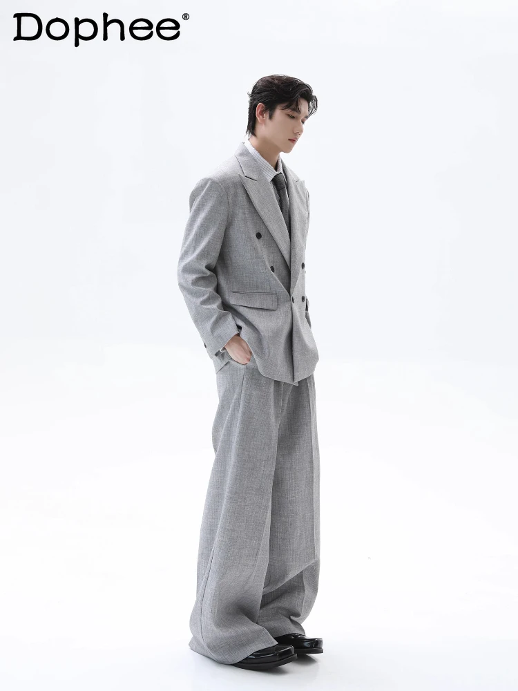 

2025 мужские осенние новые 2 шт., классические пиджаки в стиле ретро с v-образным вырезом, свободные брюки, удобные брюки, высококачественные однотонные шикарные комплекты костюмов