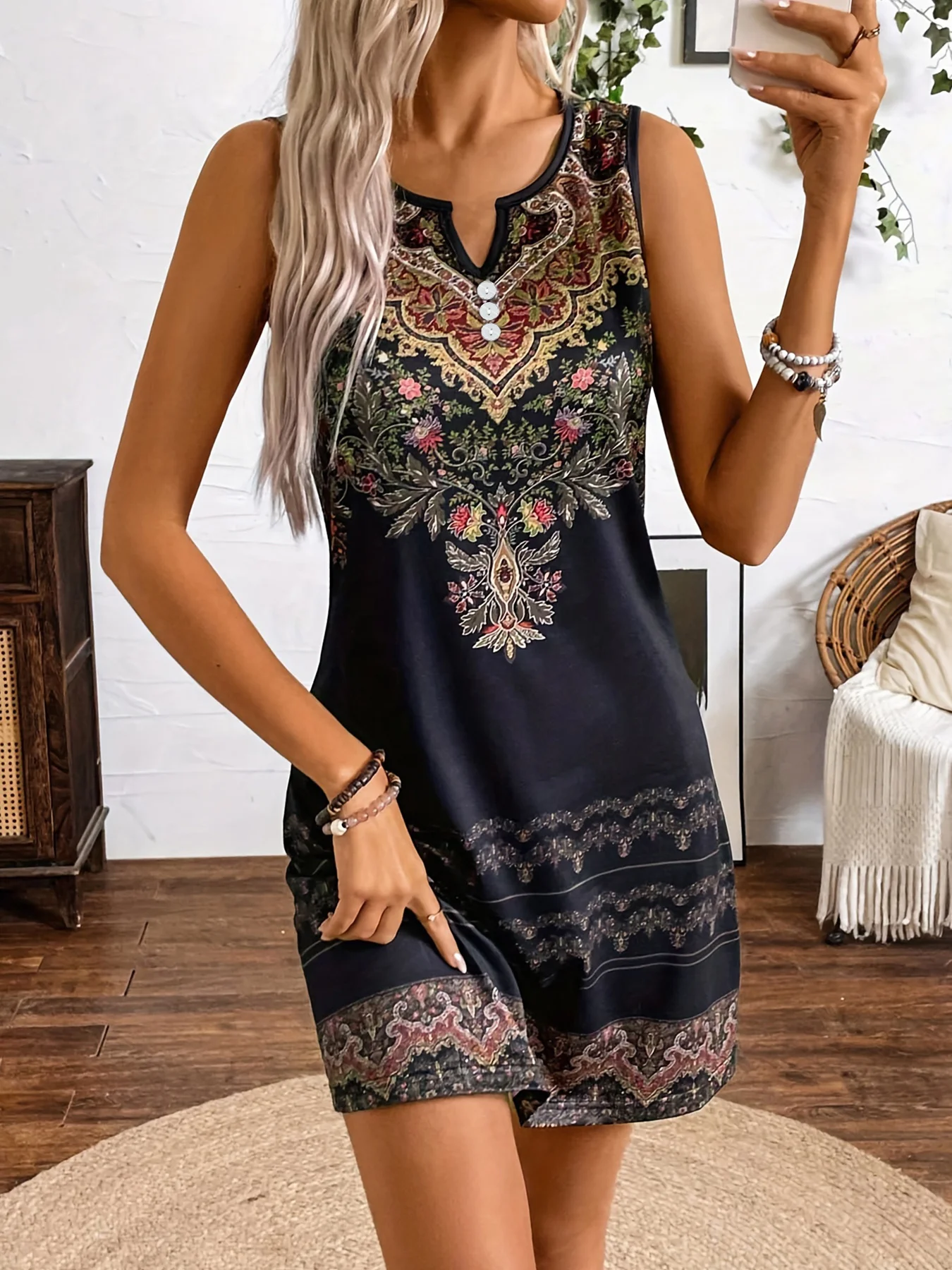 Plus Size Women Boho Floral Print Mini Dress Sleeveless Notched V Neck Button Decor Loose Summer Casual Ladies Short Dress