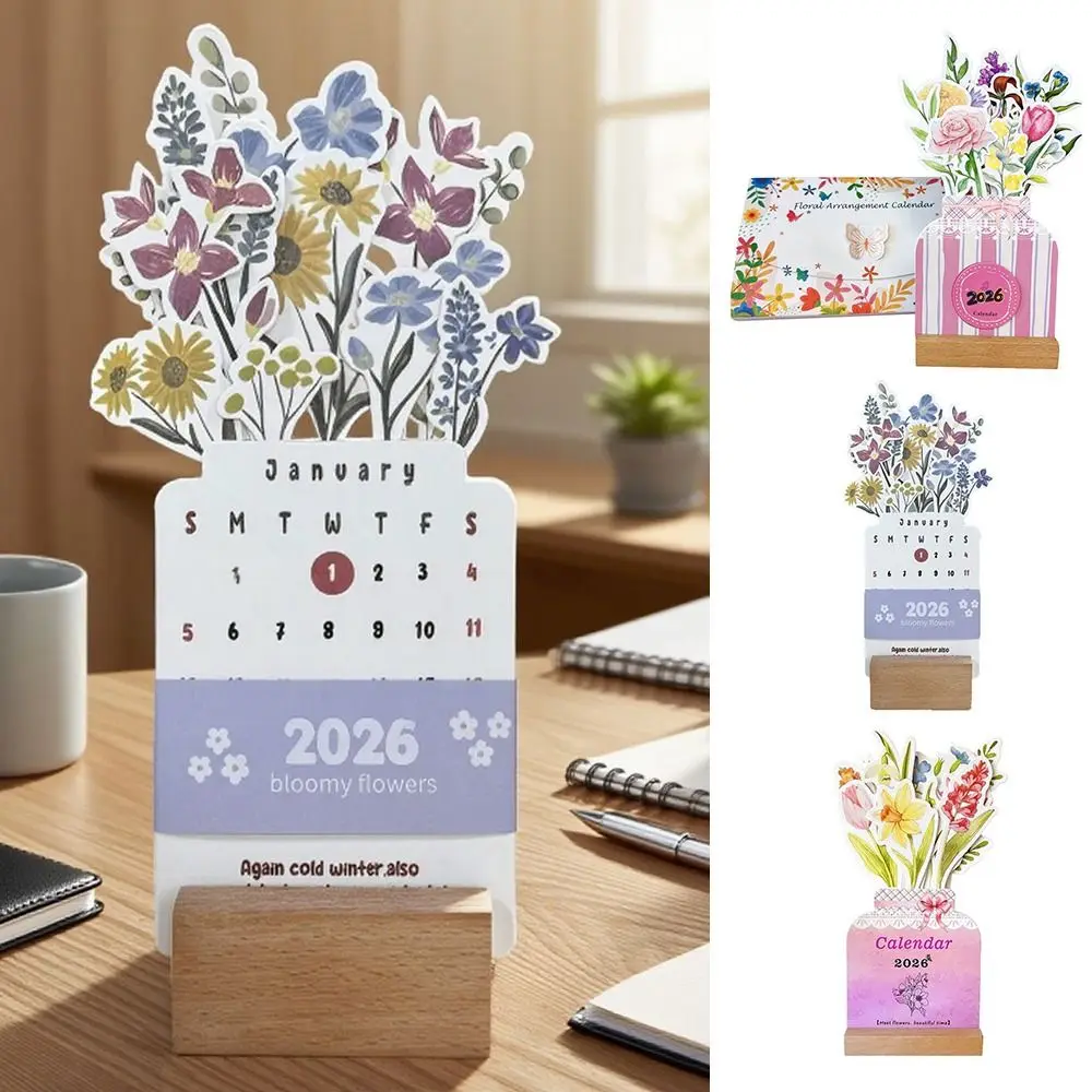 

Wooden Base Bloomy Flowers Desk Calendar Vase Shaped Floral Theme Monthly Planner DIY Date Display Floral Desk Calendar