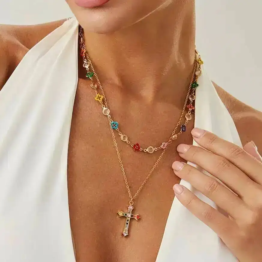 

Lacteo 2 Pcs/Set Exquisite Boho Colorful Crystal Chain Choker Necklace Women Creative Trend Jesus Cross Pendant Necklace Jewelry