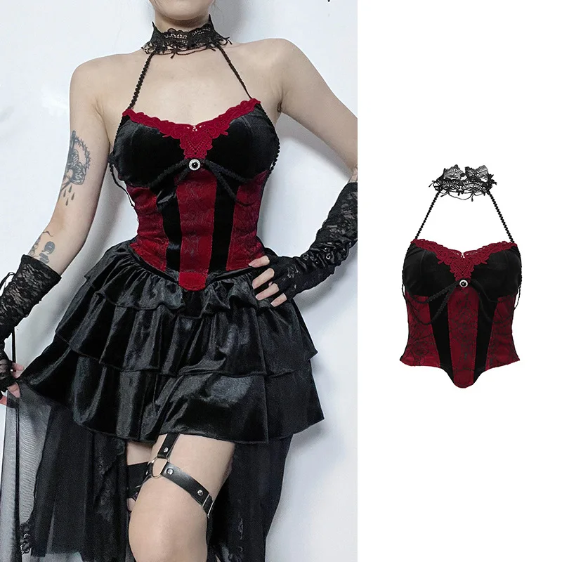 European American Style Dark Goth Sexy Low-cut Short Hot Girl Red Series Cool Spicy Girl Niche Chic Suspender Small Vest Woman