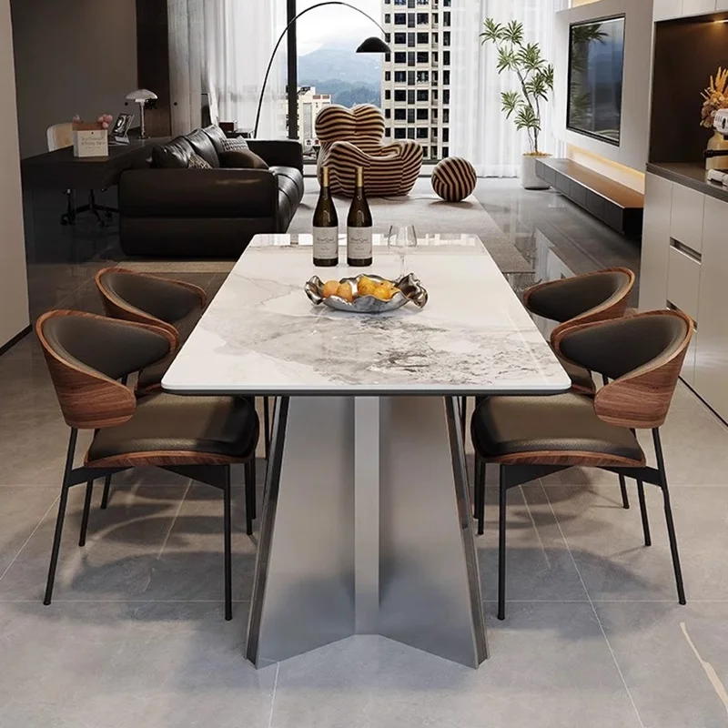 Italian Minimalist Rectangular Dining Table Chairs Modern Simple Luxury Design Combined with Slate Metal Featuring a Light Touch