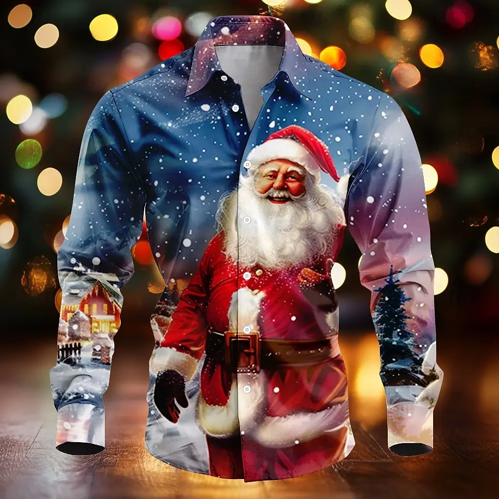 Fashionable 2024 Casual Christmas Shirt Party Santa Claus Pattern Soft, Elastic, Comfortable Family Set Men's Large New Product