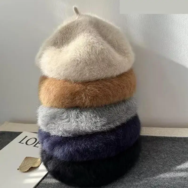 

Женские береты, зимняя шапка из кроличьего меха, зимние шапки, женская морозостойкая плюшевая теплая шапка художника, новинка