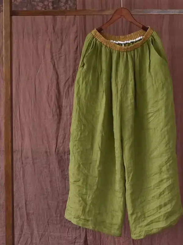 Loose Wide Leg Pants Women's Casual Linen Trousers Summer Artistic Vintage Style High Waist Elastic Waist Pocket Detail