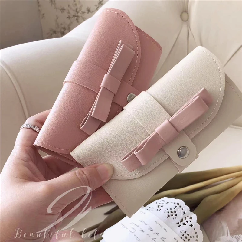 Portable Nail Clipper Set Bow Leather Storage Bag Ear Digging Spoon Household  Girl's Cute Trimming Oblique Clamp Manicure Tool