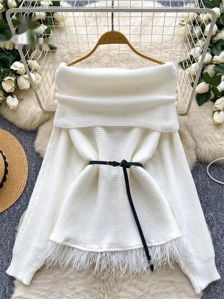 

Осенний универсальный элегантный свитер с кисточками, женский зимний вязаный топ с длинными рукавами и поясом, трендовый толстый пуловер с открытыми плечами