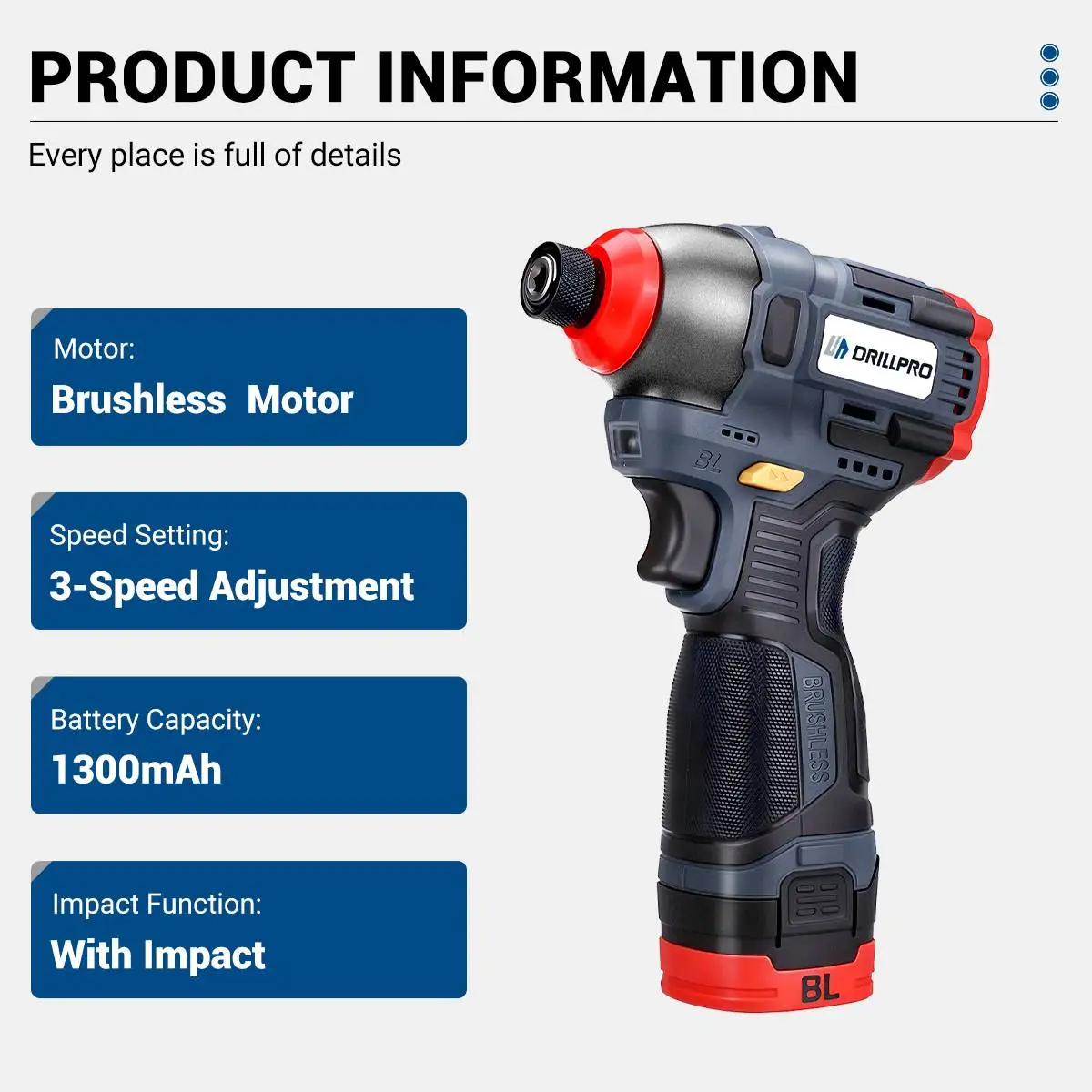 Drillpro Brushless Electric Screwdriver Cordless Impact Drill Screw 3-Speed Rechargeable Screwdriver Home DIY Power Tools