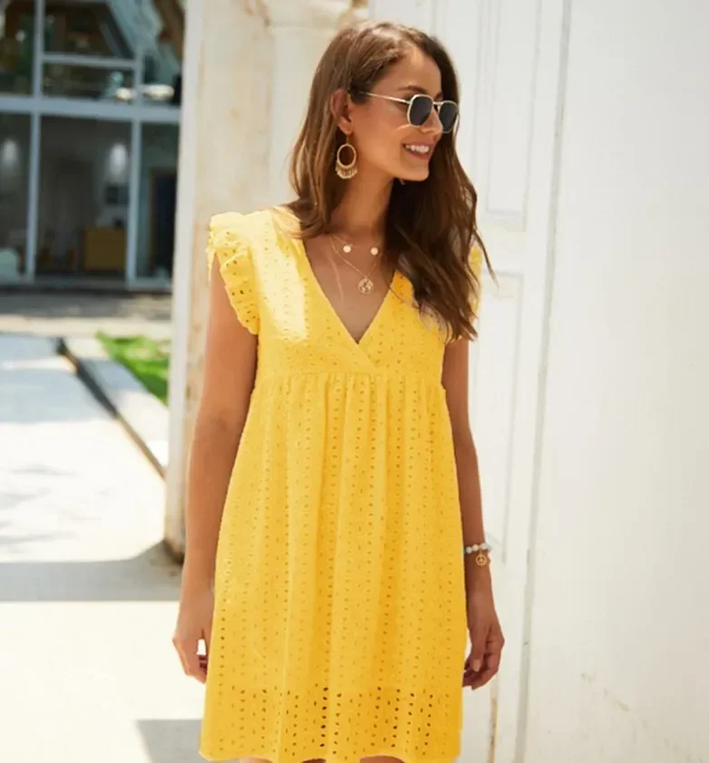 2024 Summer V-neck Short Sleeved Cotton High Waist Dress Elegant Commuter Women's Mid Length Skirt