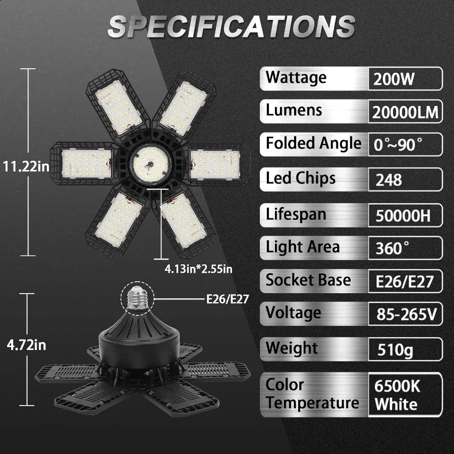 2 Pack Garage Light 200W 20000LM 6500K LED Shop Lights Garage Lights Ceiling Led with 6+1 Deformable Panels Screw in E26 E27 So