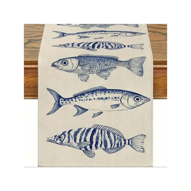VIKAMA Blue Sketch Various Fish Table Runner, Linen Texture Washable Table Scarf Nautical Coastal Dining Table Deco