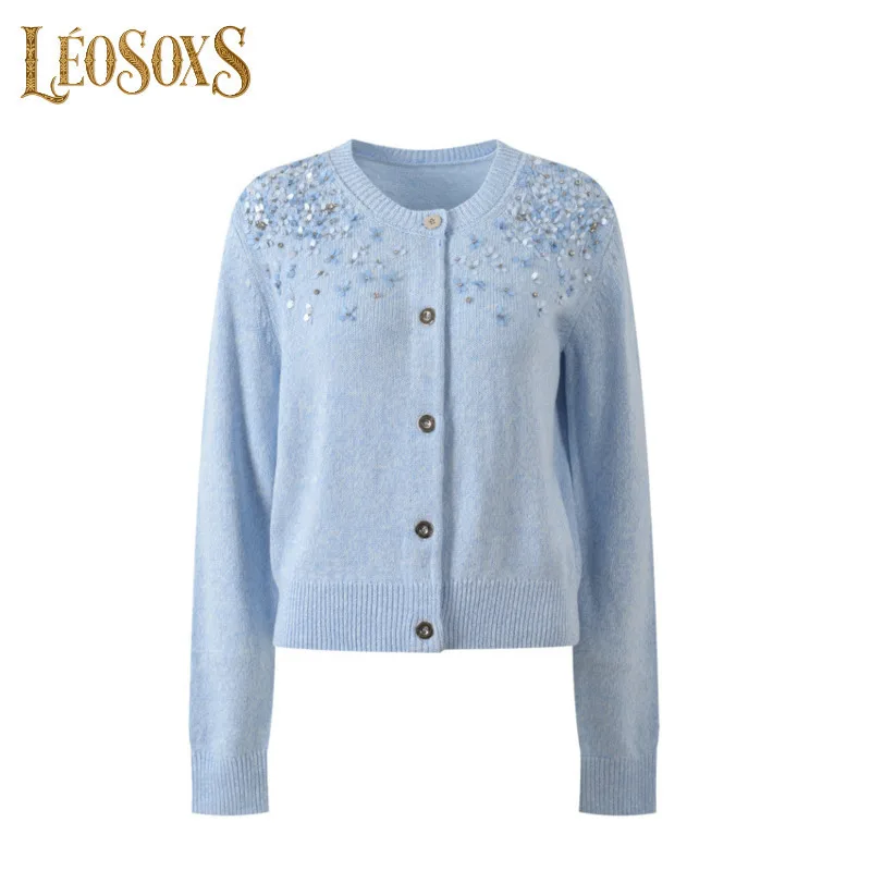 

LEOSOXS Women's Knitted Sweater Set Beaded Sequins Embellishment Long Sleeve Cardigan And Short Sleeve Top For Daily Casual Wear