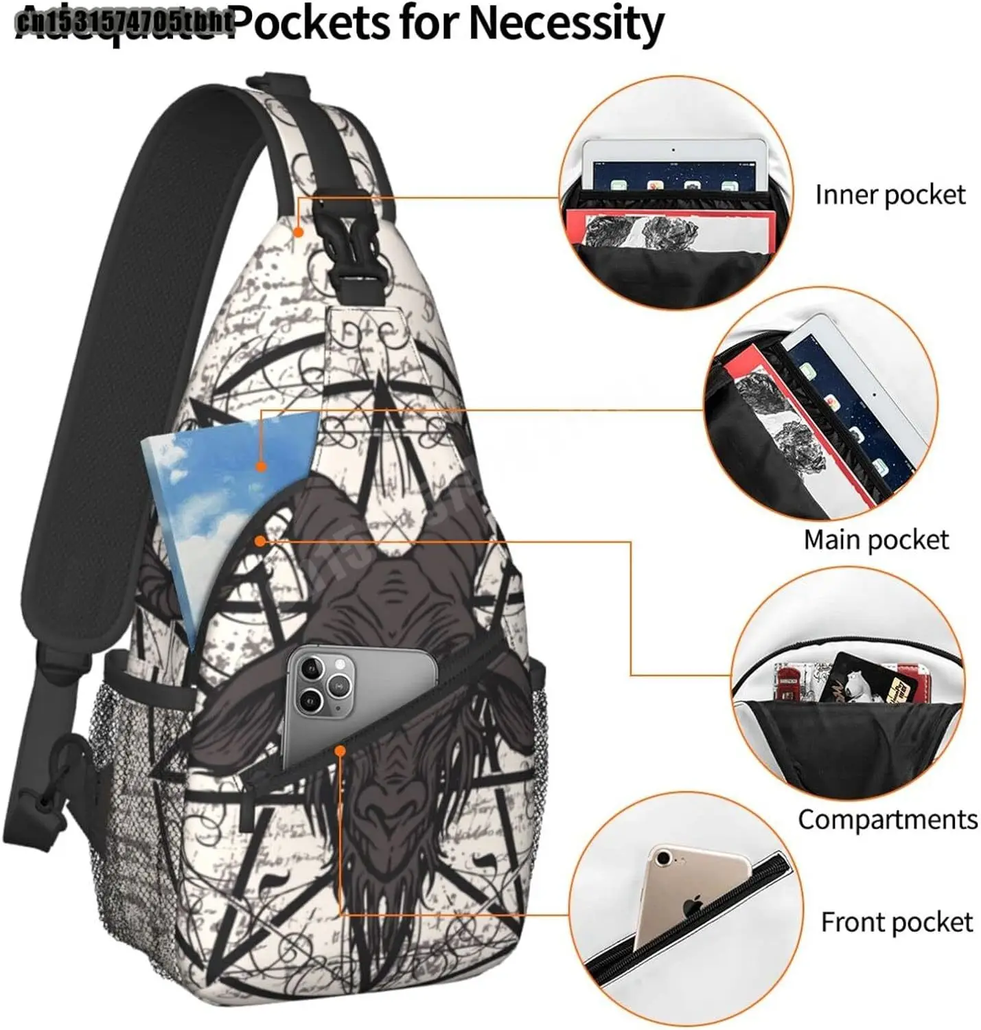 Pentagram With Demon Baphomet Satanic Goat Head Sling Bag Crossbody Shoulder Backpack Unisex Chest Bag for Travel Hiking Daypack