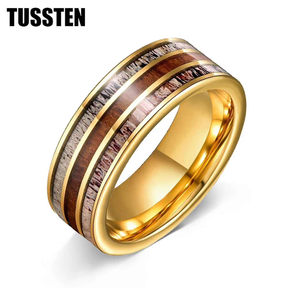 TUSSTEN New Arrival 8mm Flat Gold Color Men Women Engagement Wedding Band Koa Wood Deer Antler Inlay Tungsten Ring