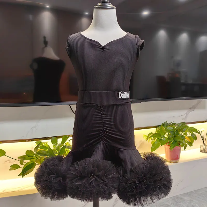 Girls Professional Latin Dance Dress Blue Black Fur Latin Clothes Ballroom Competition Clothes Kids Chacha Salsa Party Dresses