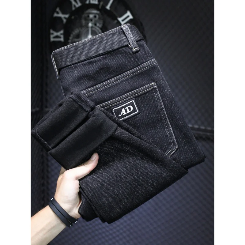 Winter Thick Style Men's Jeans Fleece Thickening Thermal Casual Trousers Black Slim Fit Light Straight-Leg Harem Pants