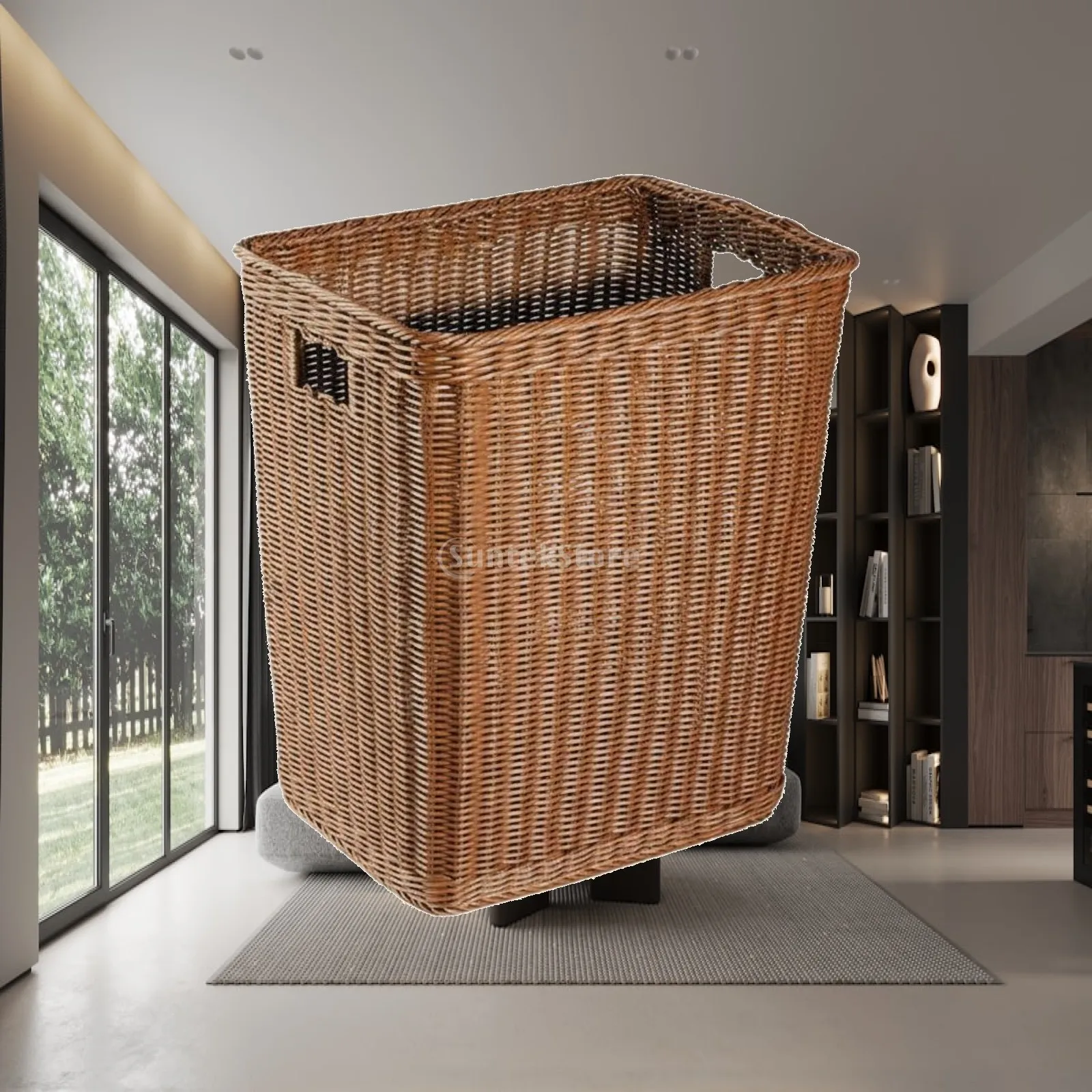 Square Plastic Rattan Storage Basket with Handles for Laundry Toy Organizer in Bedroom Closet