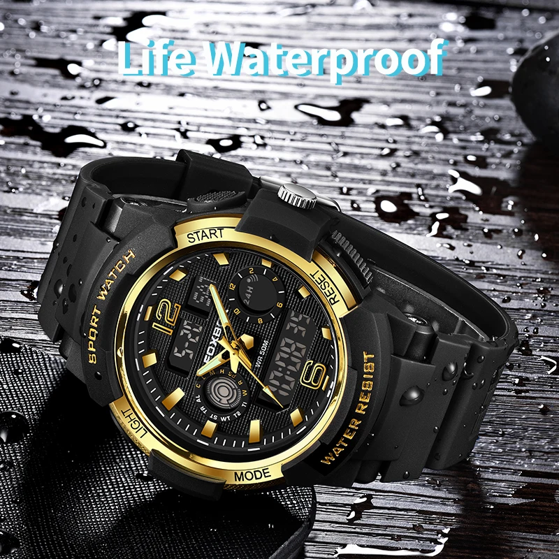 FOXBOX Electronic Quartz Man Watch Fashion Casual Sport Silicone Waterproof Luminous  Auto Date Dual Digital Watches for Men+Box