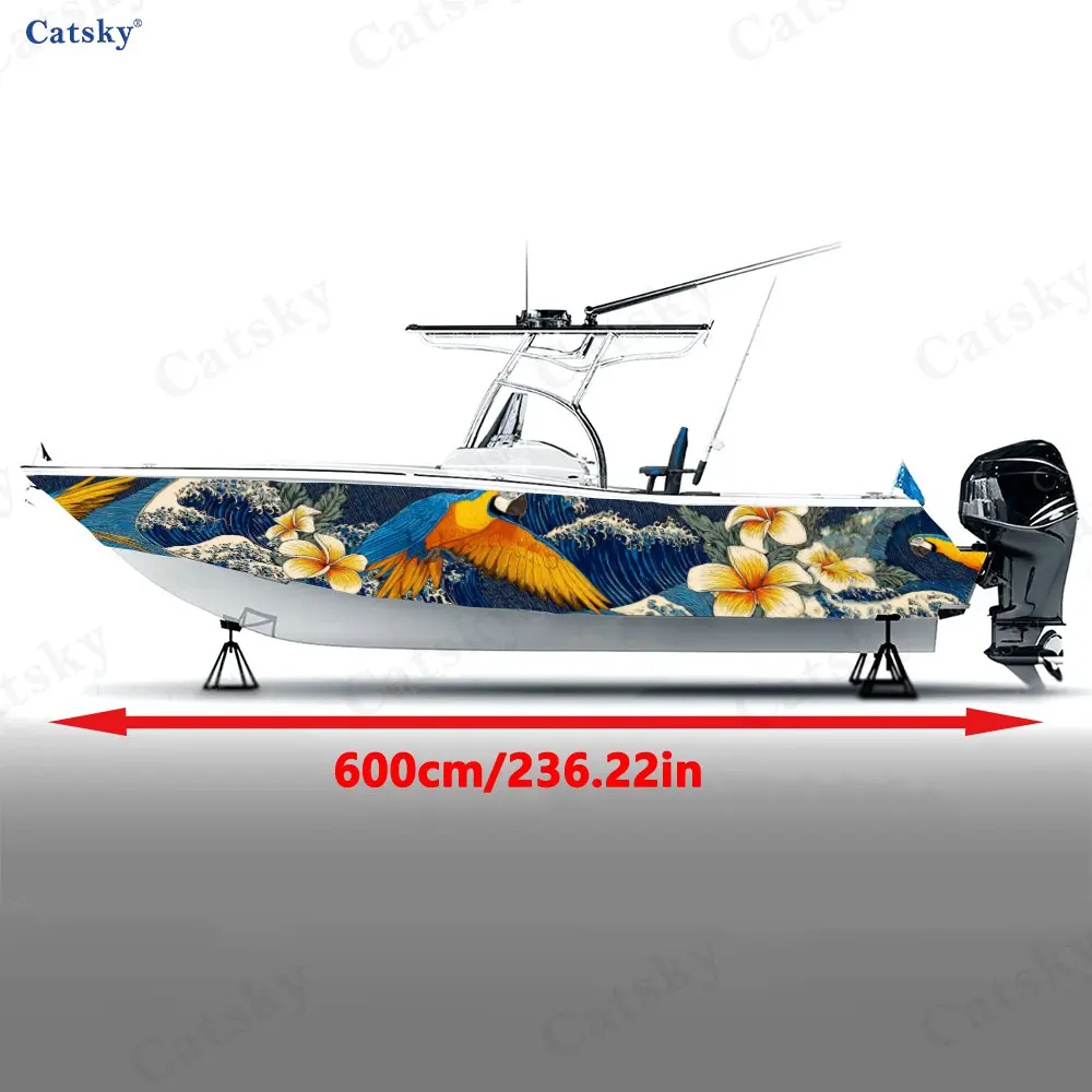Ocean Wave Parrot & Floral Boat Stickers, PVC Waterproof Durable Vinyl Wrap Decals for Fishing Boats, Durable and Stylish Design