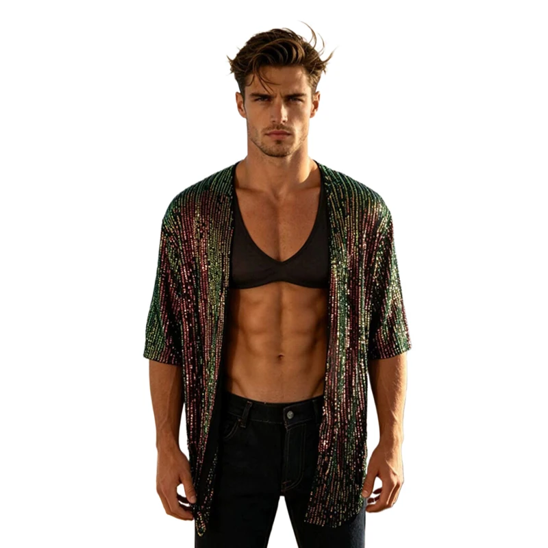 Herren-Pailletten-Kimono-Cardigan, kurzärmelig, vorne offen, locker sitzende Strand-Party-Festival-Rave-Oberbekleidung, Herren-Poloshirts, Kleidung – Detail 1