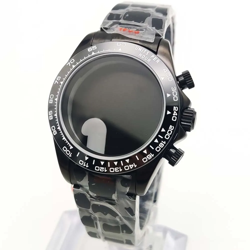 40mm ブラック PVD ​​ステンレススチール クォーツ ケース + ストラップ、VK63/VK64 ムーブメントに適しています、サファイアガラス