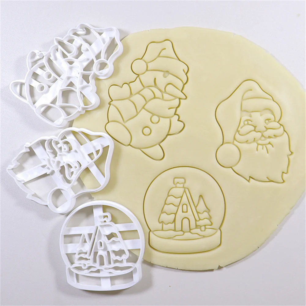 Christmas Cookie Cutter Xmas Snowflakes Santa Claus Fondant Biscuit Embossing Mold DIY Plastic Pastry Baking Mould Kitchen Tools