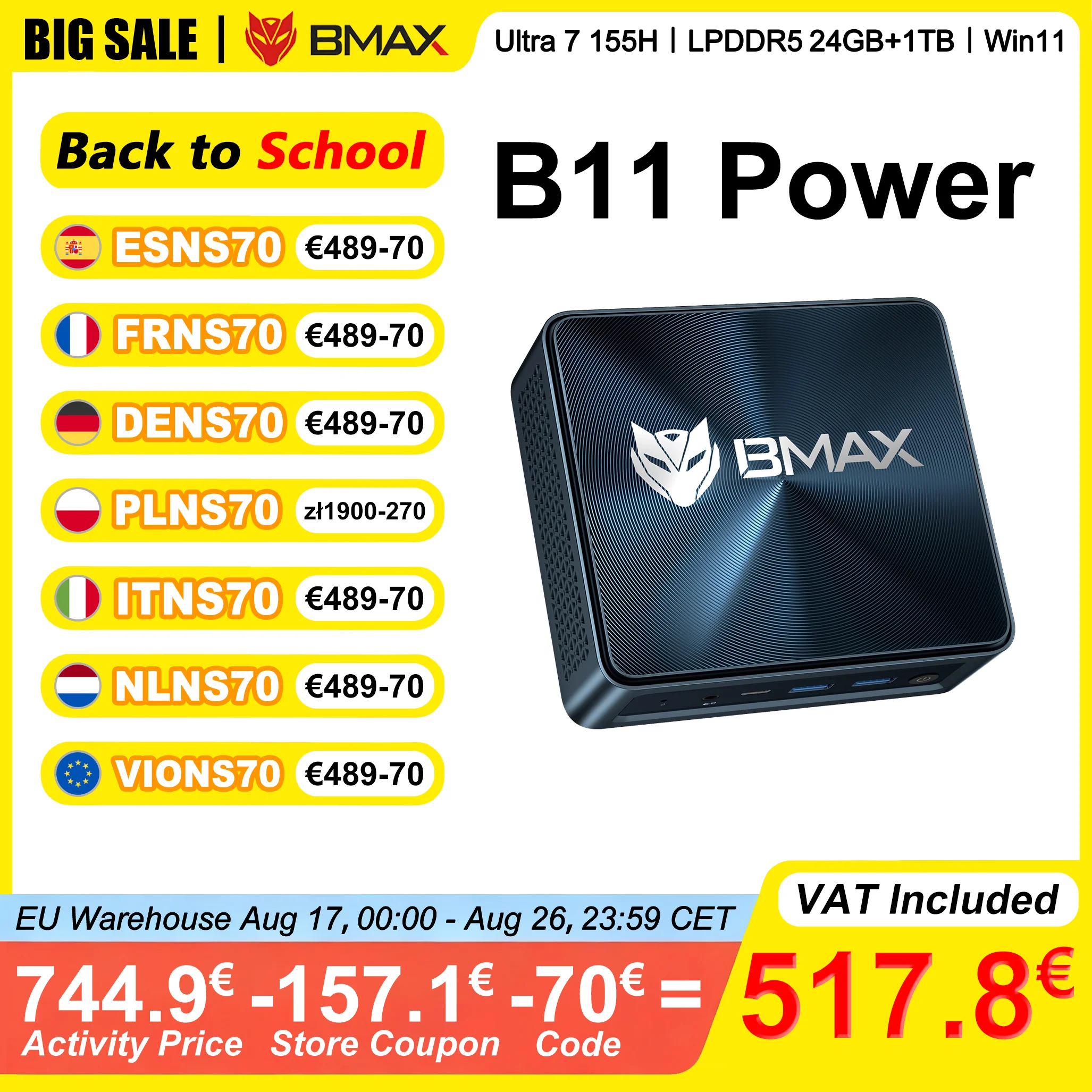 BMAX B11 Power Mini-PC Intel Core Ultra 7 155H 24 GB LPDDR5 4400MHz RAM 1 TB SSD Windows 11 Pro WiFi 6 Bluetooth 5.2 HDMI Typ C