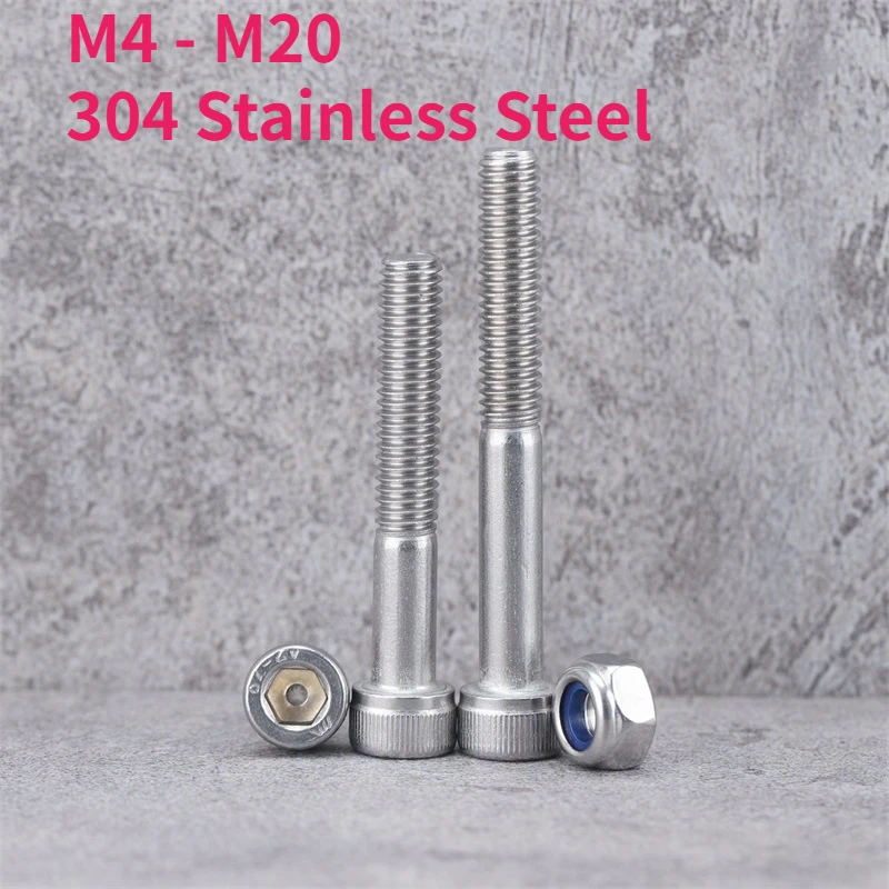 M4 M5 M6 M8 M10 M12 M14 M16 M20 304 Stainless Steel Part Thread Hexagon Socket Head Cap Bolt Screw and Nylon Insert Lock Nut Set