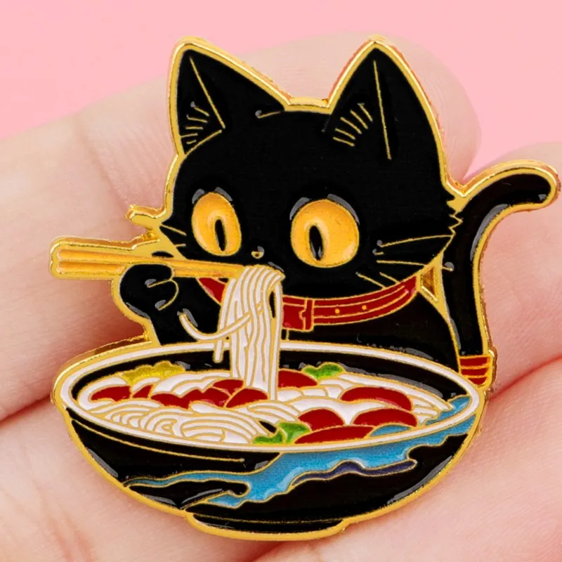 Cute Black Cat Eating Noodles Enamel Pin Lovely Animal Lapel Badge Backpack Clothes Decor Metal Brooch Daily Jewelry Gifts view 6