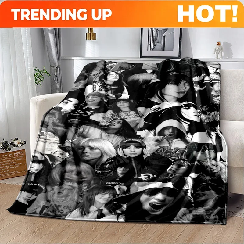 Custom Fashion Billie Eilish Singer Star Flannel Blanket Soft Warm Throw Blanket For Bedroom Living Room Bed Travel Camping Picn
