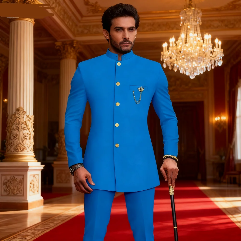 

Men's Stand Collar Blazer And Long Trousers Set Unique Chest Design African Style Formal Business Suit Solid Color