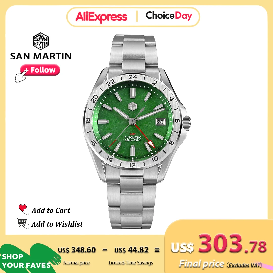 

San Martin 39mm Luxury Men Watch Green Jade Stone Red Agate Rare Mineral Gemstone NH34 GMT Automatic Mechanical Sapphire SN0129