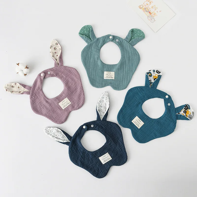 Rabbit Bear Ears Wave Edge Cotton Gauze Baby Bibs New Solid Infant Bib Newborn Burp Cloths for Boy Girl Feeding Saliva Towel