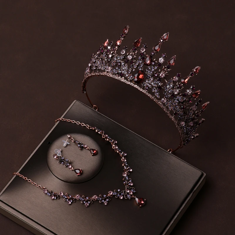 3pcs Dark Retro Baroque Crown Necklace Earpin Set Combination Headwear Accessories Party Dress Accessories