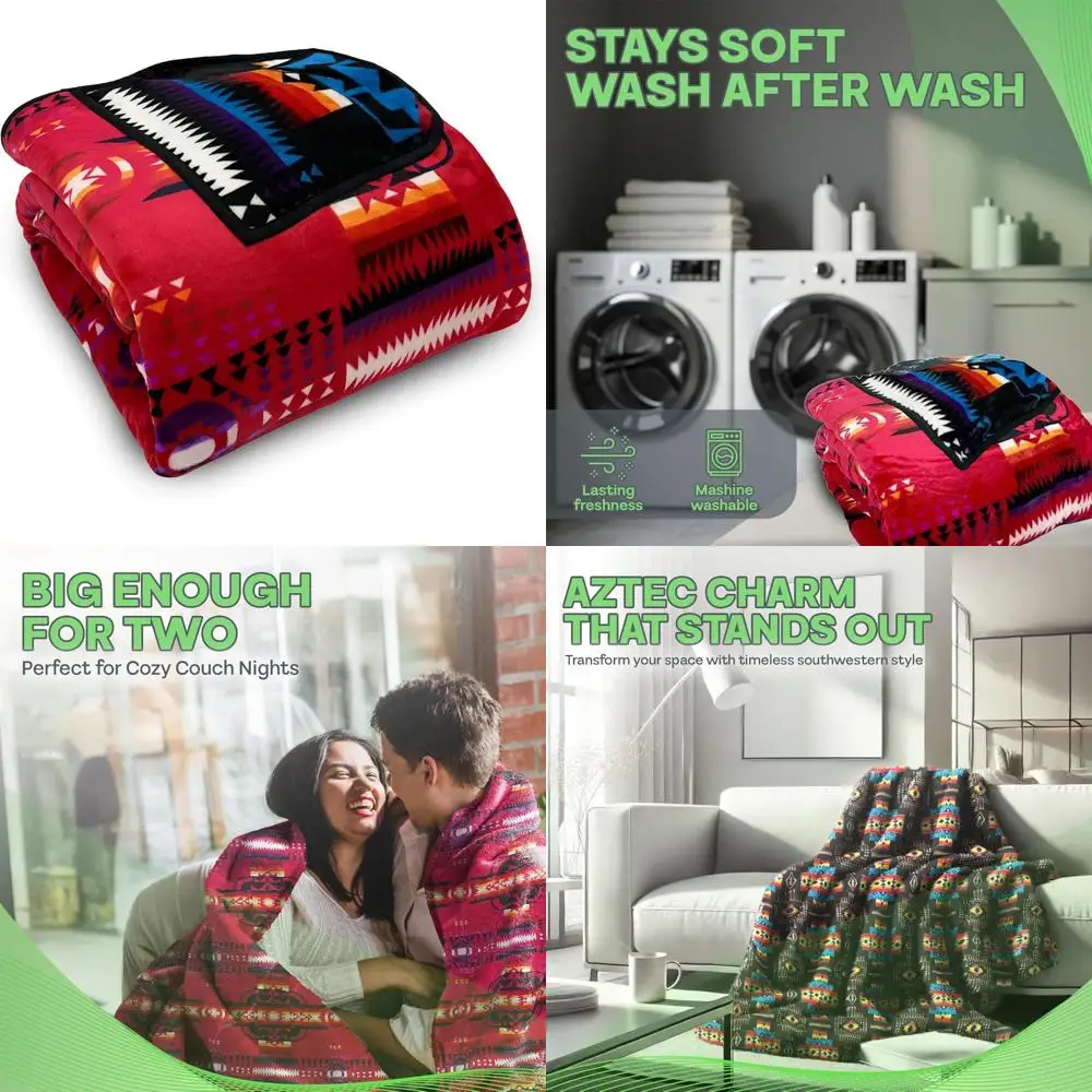 

Southwestern Reversible Aztec Fleece Blanket, 87x95, Vibrant Mexican Style, Perfect for Home Decor and Aztec Themed Interiors