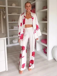 Suits For Women 2024 Office Elegant Vintage Floral Print Pant Sets Womens 2 Piece Open Blazer And Trousers Co Ord Set Outfits