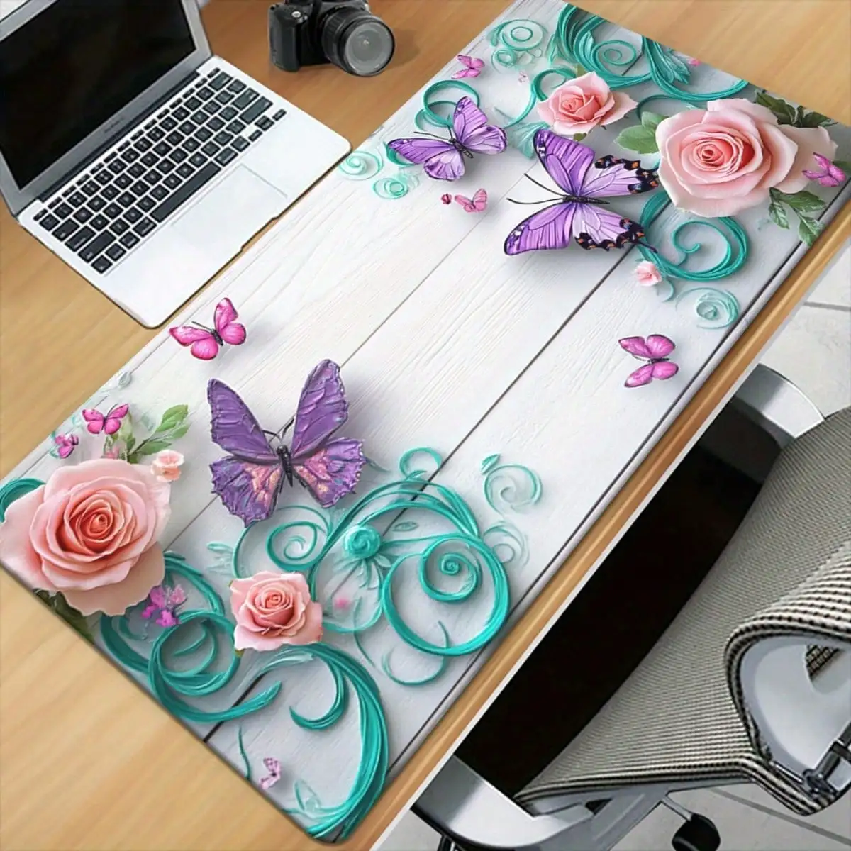 1pc Non-Slip Mouse Pad & Desk Mat With Pink Rose & Butterfly Pattern, Thick Base Suitable For PC Gaming, Typing Mat, Office Desk Cover, Minimalist Computer