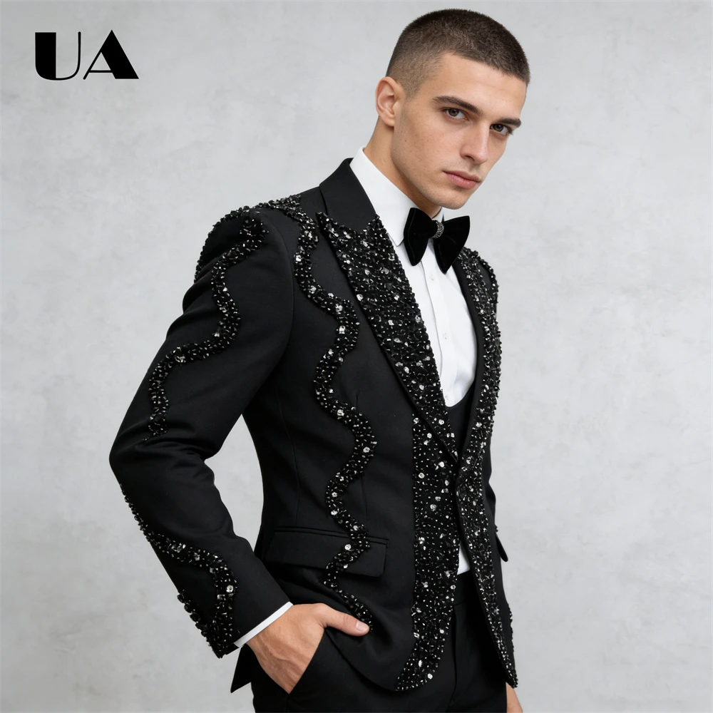ULBYANRY Newest Men's Formal Suit Set with Beads Crystals (Jacket Vest Pants) Prom Suit Attire One Button Jacket Blazer Tuxedo