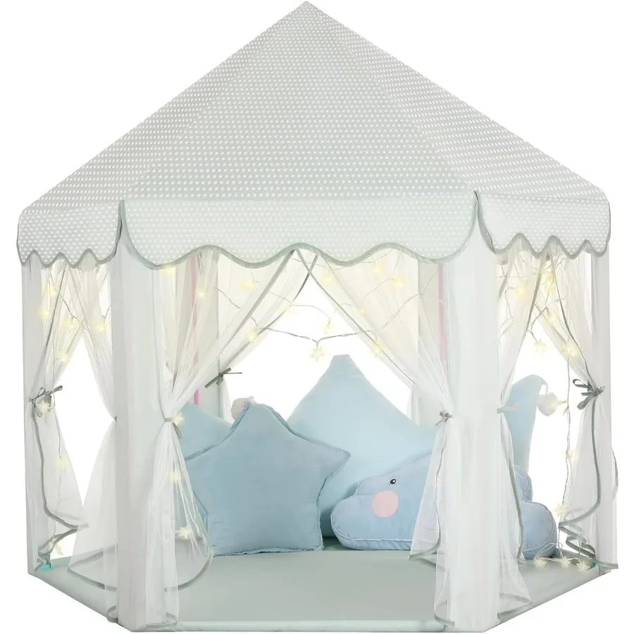 Blauwe zeshoek prinses kasteeltent voor meisjes met sprookjessterverlichting binnen buiten speelhuisje speelgoed voor peuters groen thema