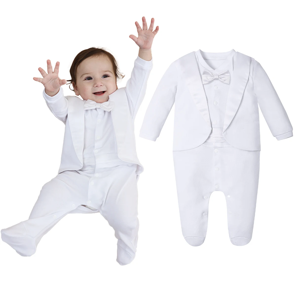 Baby Baptism Outfit Boy Infant Elegant Chic Tuxedo Gentleman Wedding Formal Footie White One Piece Suit Newborn To 9 Months