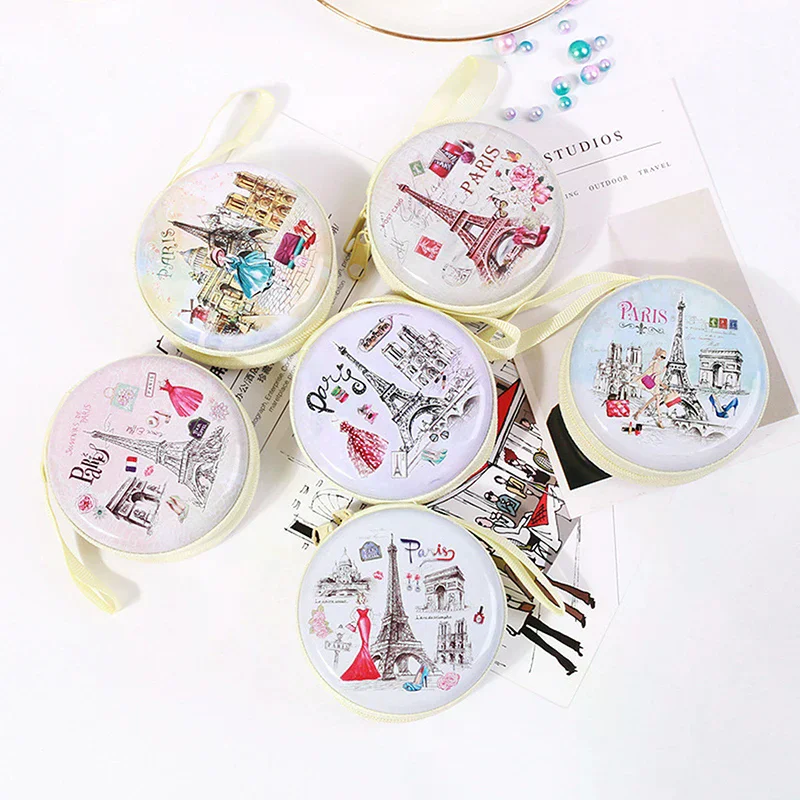 1PCS Random Creative Round Tinplate Coin Wallet Cartoon Storage Box Small Headphone Cable Mini Zipper Bag