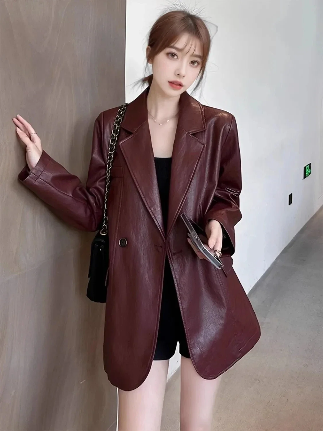 Loose and Casual, Skinny Leather Suit Trendy Blazer 2025 Spring Autumn New Ankela Red Retro High Grade Leather Jacket for Women