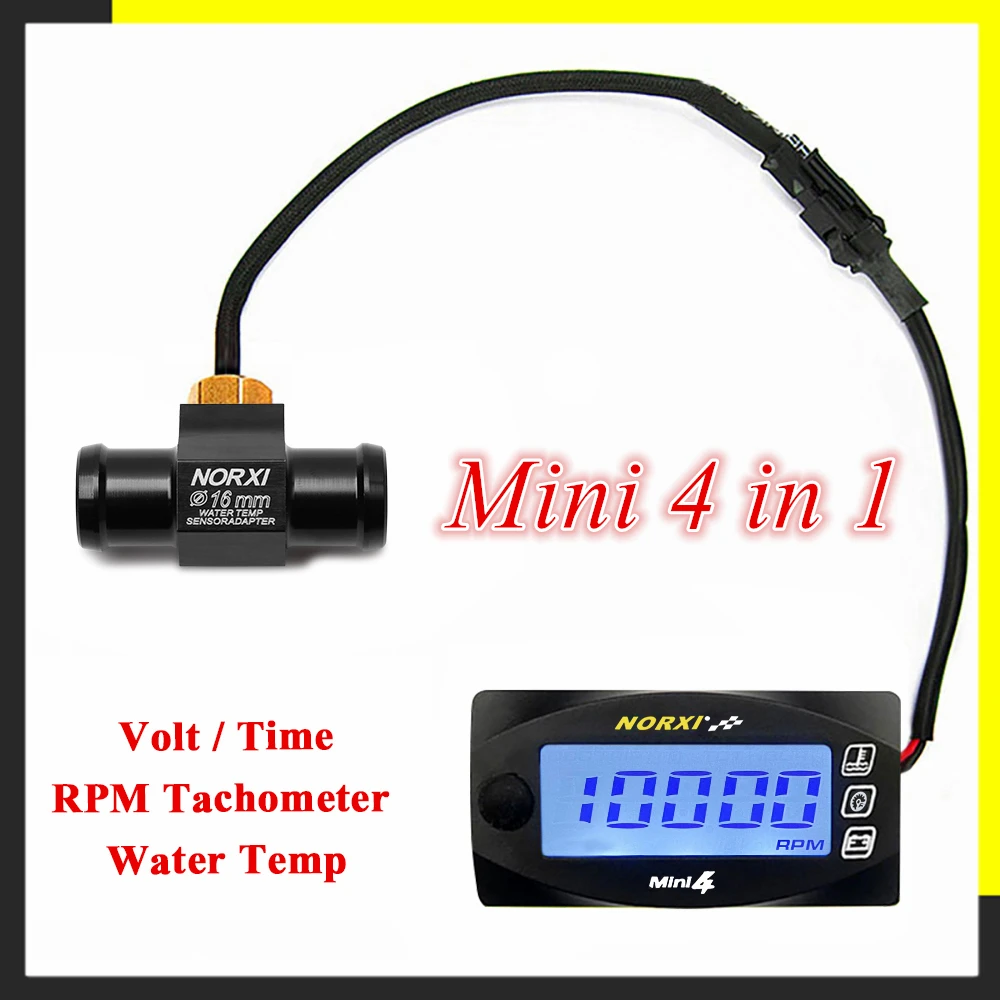 Temperatura wody w motocyklach NapięcieCzas Obrotów Tachometr Norxi Mini 4 w 1 Cyfrowy wyświetlacz LED Quad metr