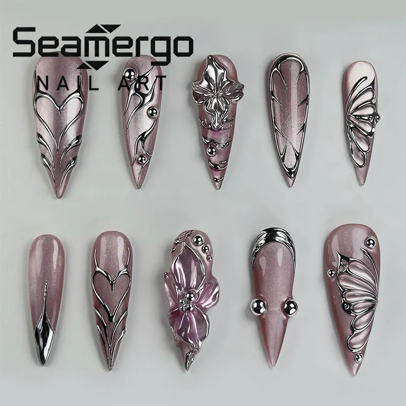 

24 шт. Накладные акриловые ногти «Легкий люкс», цвет бургундский с цветочным 3D-дизайном, форма «стилет», в европейско-американском стиле, с золотыми линиями