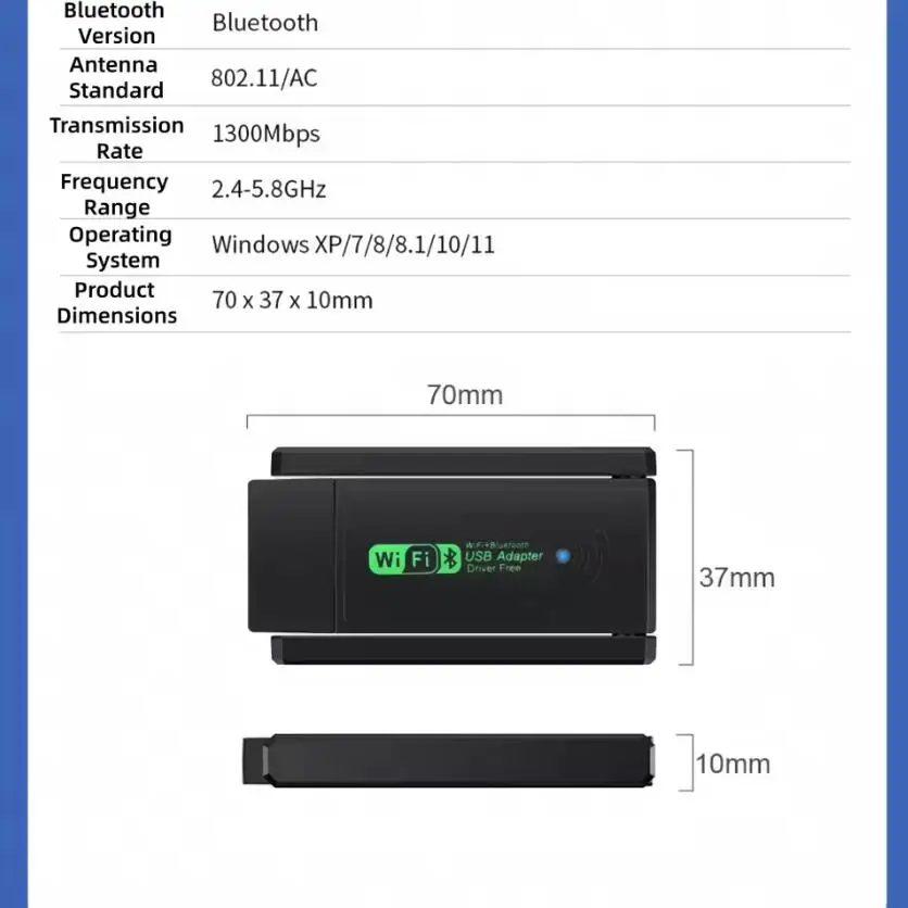 AX1300 USB Adapter Dual Band 2.4G/5GHz Wireless Receiver 1300Mbps Bluetooth 5.3 Wireless Network Card Driver Free Installation