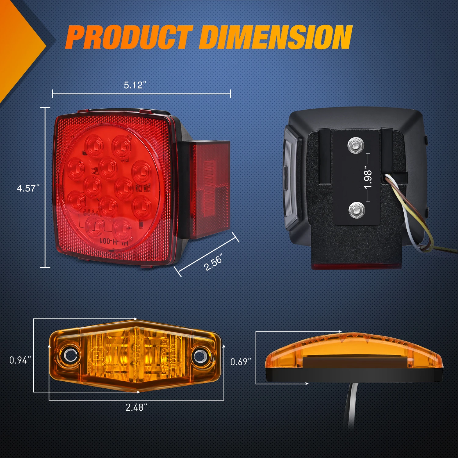 Nilight LED Trailer Light Kit Square Stop Turn Tail Red Amber Side Marker Lights Third Brake ID Bar for 12V Utility Boat Camper RV Trucks Marine Snowmobile | W/Third Brake ID Bar for 12V Utility Boat Camper RV Trucks Marine Snowmobile